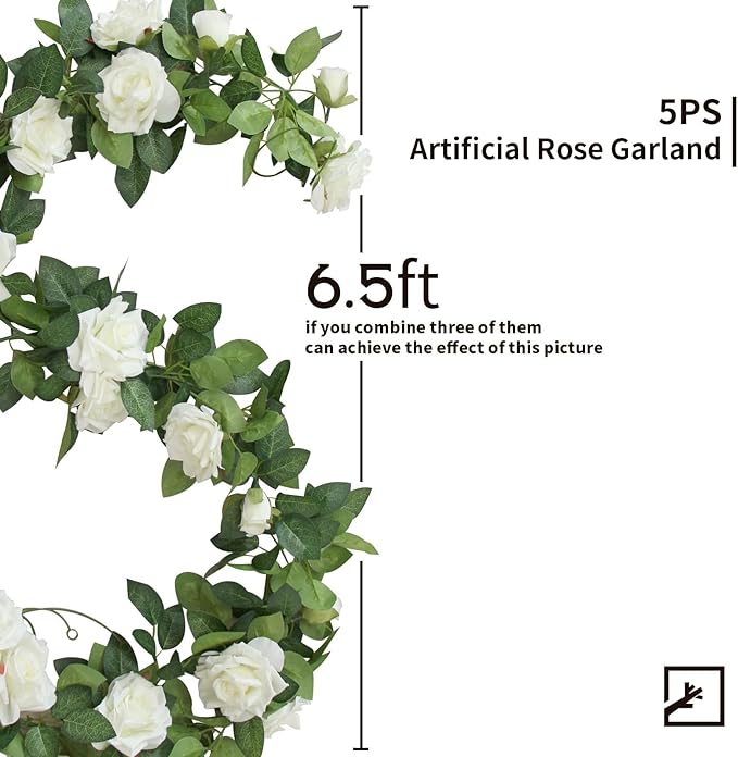 ZIFTY 5Pcs 32.5FT White Flower Garland Fake Vines Faux Artificial Floral Garland for Wedding Decortions Hanging Rose Ivy for Arch Garden Ceremony Background Outdoor Wall Decor