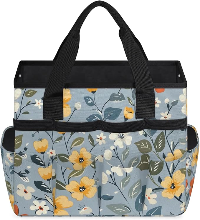 Garden Tool Bag Organizer Garden Tote Bag with Pockets Print Pattern Floral Tool Storage Organizer Gardening Tool Kit Holder 13" x 6.8" x 2.8"