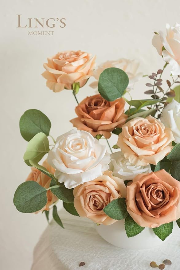 Ling's moment Artificial Flowers 16pcs Silk Roses with Stems, 3.5" Fake Vendela Roses Bulk for DIY Wedding Bouquets Centerpieces Party Baby Shower Home Decoration, French Orange & Cream