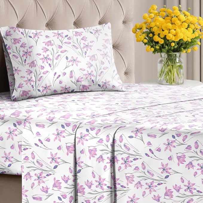 Floral Sheets - Pink Floral Bed Sheet Set - 1 Flat & 1 Fitted & 1 Pillowcase w/ Deep Pockets - Comfy, Wrinkle & Fade Free - Boho Botanical Bedding - Ultra-Soft, Breathable & Cooling - Twin Size Set