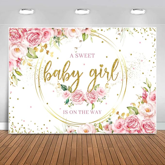 Sensfun Glitter Gold Pink Floral Baby Girl Baby Shower Backdrop Banner Decorations,Watercolor Flower Its a Sweet Baby Girls Baby Shower Party Decor Photography Background Photo Booth Shoot Props 7x5ft