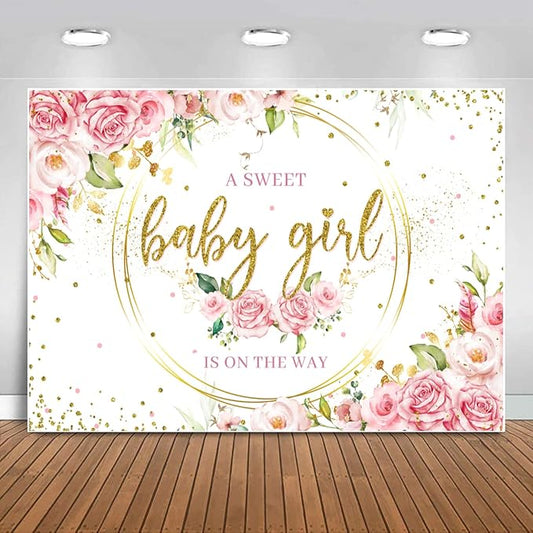 Sensfun Glitter Gold Baby Girl Backdrop Pink Floral Baby Photography Background Watercolor Flower Sweet Baby Girls Party Decorations Banner Photo Booth Supplies 10x6.5ft