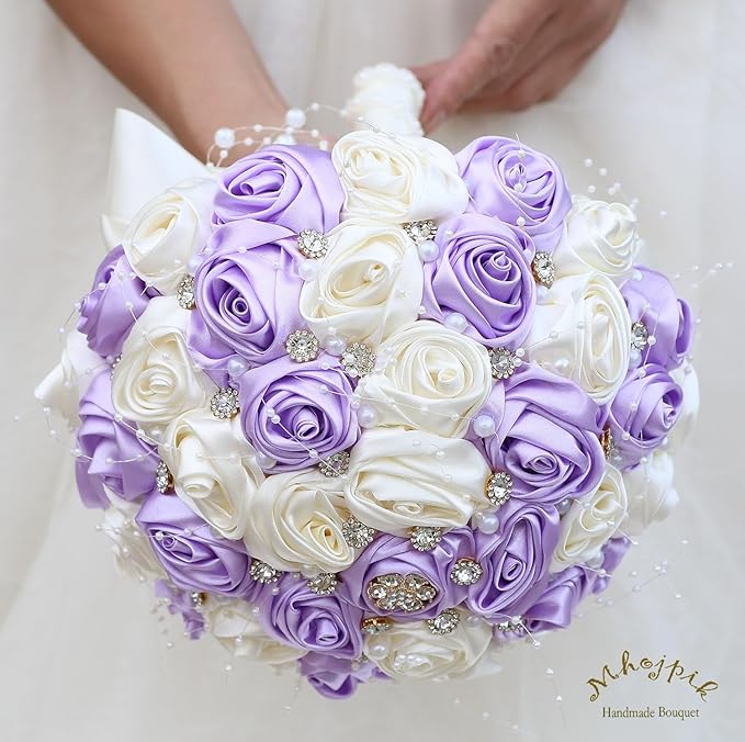 Bridal Wedding Bouquet Round Bling Brooch Bouquet Throw Toss Artificial Rose Flower Bunch for Bride Bridesmaid Wedding Quinceanera(Light Purple & Ivory, 7.5")