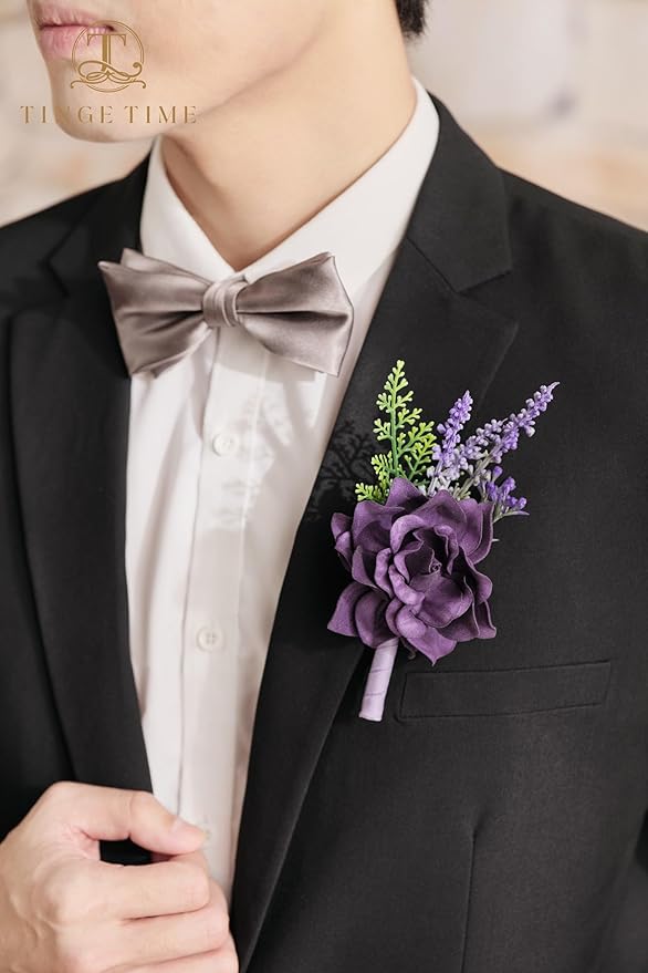 TINGE TIME Boutonniere for Men Wedding - 10pcs Purple Groom & Groomsmen Boutonnieres Set for Wedding Ceremony, Anniversary, Prom, Formal Dinner, Rustic Spring Wedding(Lavender & Plum)
