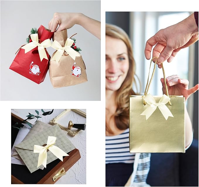 50 Counts Beige Twist Tie Bows 3.1" Pre-Tied Satin Ribbon Bow Decor Mini Twist Tie Bows for Gift Wrapping Treat Bags Cake Bridal Baby Shower Birthday Party Favors Wedding Decorations