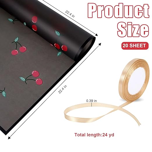 20 Sheets Bouquet Wrapping Paper, 22.4Inch Black Cherry Pattern Flower Floral Wrapping Black Floral Paper for Bouquets Kit, Waterproof Decorations with Ribbon for DIY Crafts Wedding Birthday Party