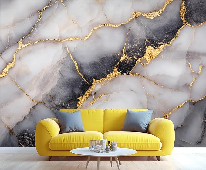 Golden Veins Marble Wall Mural, Black and White Marble 3D Wall Murals, Luxury Stone Wallpaper Mural, for Living Room Bedroom Large Wallpaper Indoor Decor 59" W x39.4 H