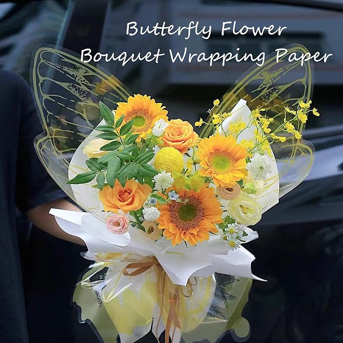 LLBWKC 20 Sets Butterfly Flower Wrapping Paper, Waterproof Butterfly Flower Bouquet Wrapping Paper, OPP Clear Floral Wraps for Florist Supplies, Gift Packaging, DIY Craft 20x22 in (Green