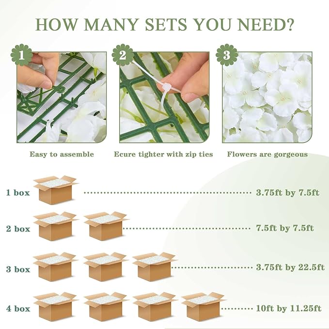 White Flower Wall Panels Backdrop with Green: Wedding Artificial Flower Wall Backdrop Hydrangea Floral Wall for Bridal Shower Party Decoration (18 Pcs 15 x 15 Inch)