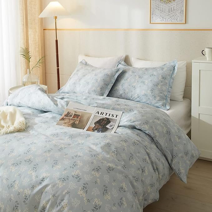 Blue Floral Comforter Set for King Bed Blue Flowers Comforter King Set,Boho Style Comforter with 2 Pillowcases,Shabby Chic Bedding Comforters for All Season,Comfy,Fluffy