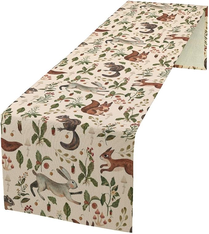 Rustic Forest Table Runner, Cartoon Woodland Wild Animals Rabbit Fox Vintage Botanical Mushroom Herbs Table Cover for Indoor Outdoor Home Decor Party, 13x120inch
