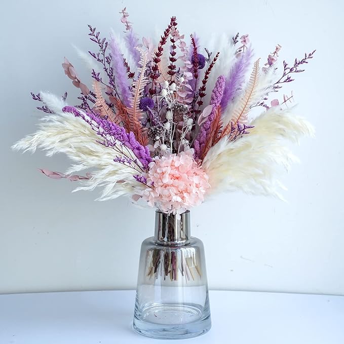MUYEJI Natural Dried Flowers Pampas Grass Bouquet, Boho Home Table Decor, White & Purple Pampas Grass, Fluffy Dried Flower Arrangement for Table Centerpiece, Home Office Wedding Decorations
