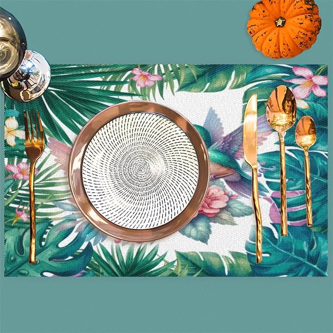 PVC Placemats Set of 6 Summer Palm Leaf Bird Wipeable Table Mats Washable Heat Resistant Non Slip Vinyl Dining Table Mat for Kithen Indoor Outdoor Patio Farmhouse Place Mats Decorative