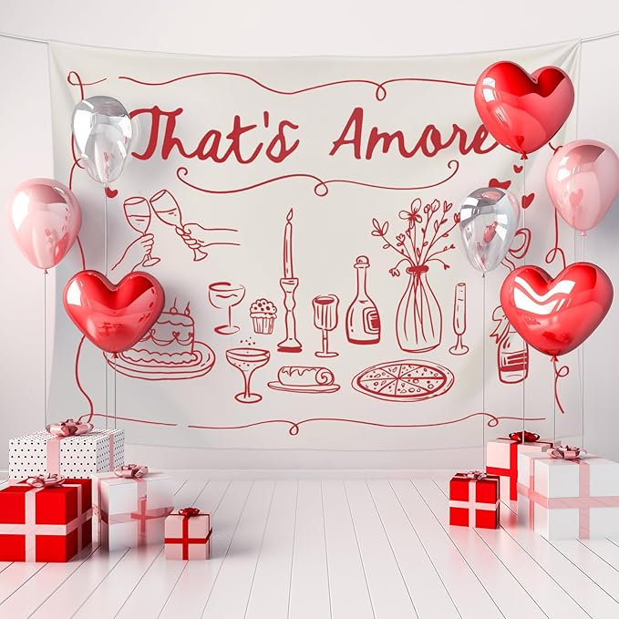 That's Amore Backdrop Italian Wedding Engagement Party Decoration Photography Background Banner Red Hand Drawn Photo Prop for Bachelorette Bridal Shower, 7 x 5 Ft