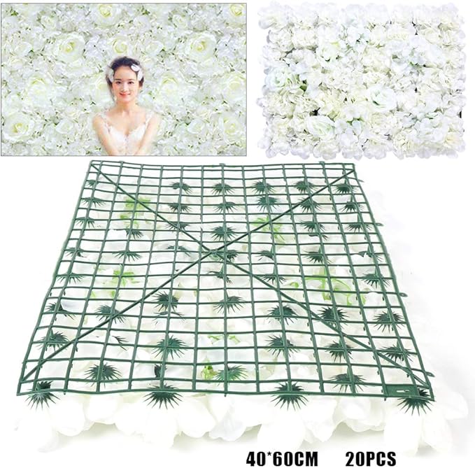20pcs 24" x 16" Artificial Flower Wall Panel Background,3D White Silk Hydrangea Rose Flowers Wall Backdrop for Wedding Party Event Photo Stage Backdrop Wall Decor (White)