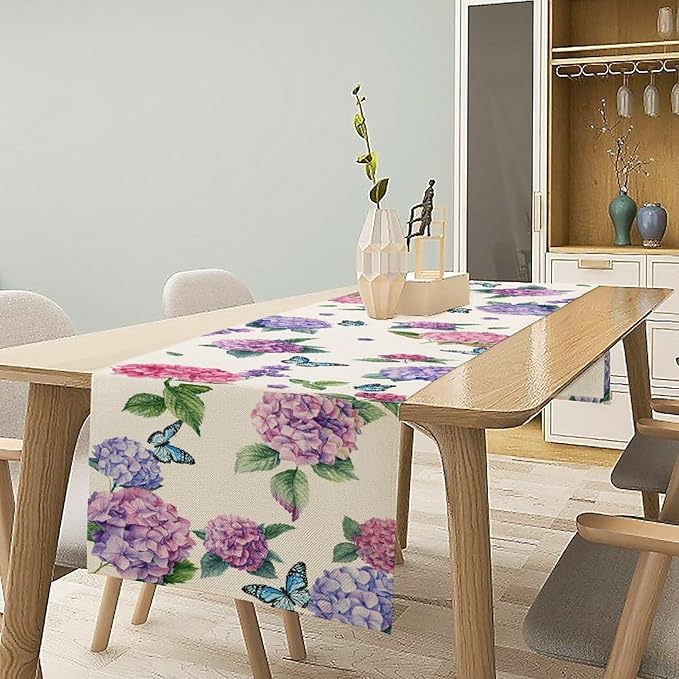 Hydrangea Table Runner, Spring Summer Watercolor Purple Floral Seasonal Country Farmhouse Coffee Table Center Decor for Home Kitchen Dining Patio Holiday Party Table Decorations 13x108 inches