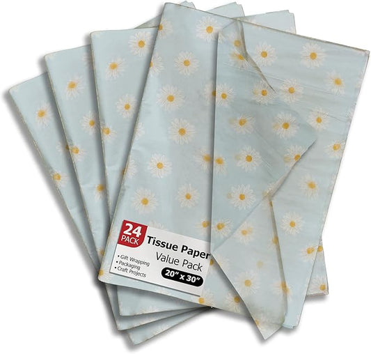 Pro Supply Global Daisies Printed Tissue Paper for Gift Bags or Boxes and Wrapping - Spring Floral Bulk Decorative Art Tissue Paper for Packaging and Gifting | 24 Sheets 20" x 30"