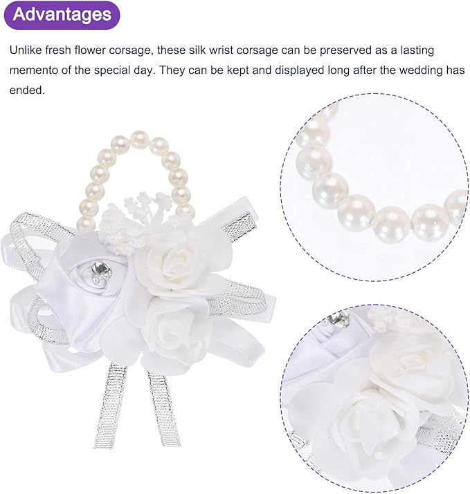 MECCANIXITY 3Pcs Wrist Corsage Artificial Flower Bracelets Rose Wrist Bride Groom Decorative for Wedding Ceremony Prom Party Anniversary White