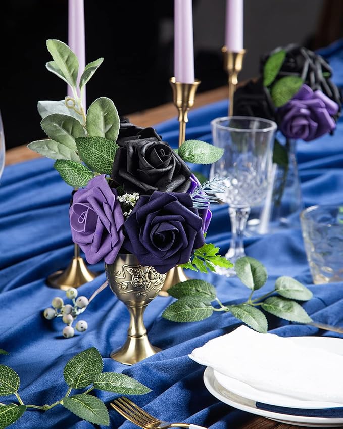 DuHouse 25Pcs Artificial Roses Flowers Fake Roses with Stems Real Touch Foam Flowers for DIY Wedding Bouquet Baby Shower Centerpiece Floral Arrangement Party Home Decor (Dark Purple)