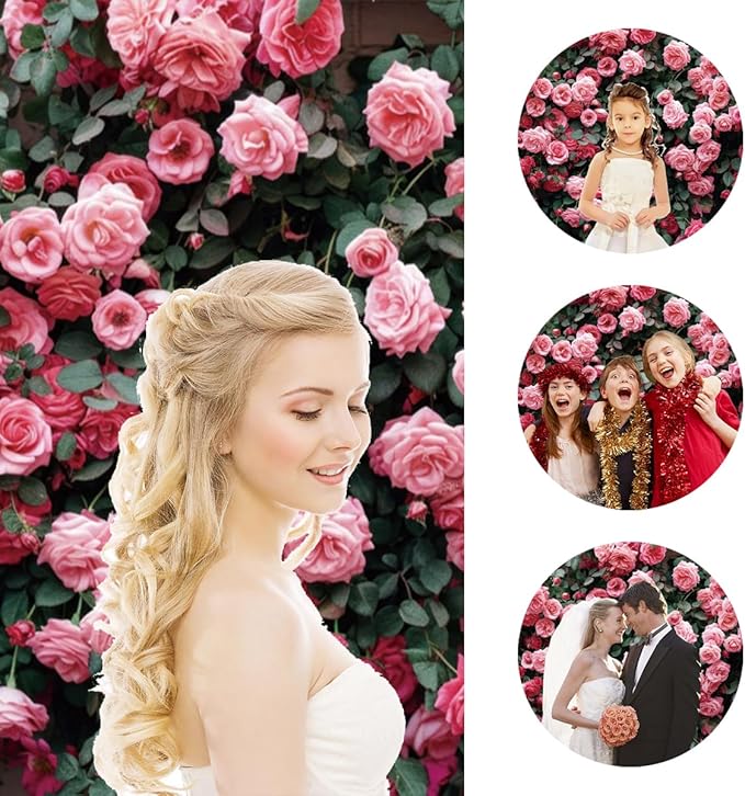 9x6ft Pink Flower Wall Backdrop Roses Floral Background Spring Tea Party Photography Banner for Wedding Birthday Bridal Shower Mother's Day Women's Day Valentine's Day Princess Portraits