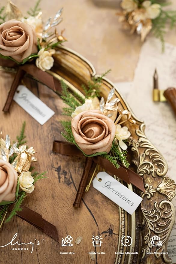 Ling's moment Boutonniere for Men, 6pcs Groom Groomsmen Boutonniere, Artificial Flowers for Wedding Decor/Prom/Homecoming, etc.Walnut Brown