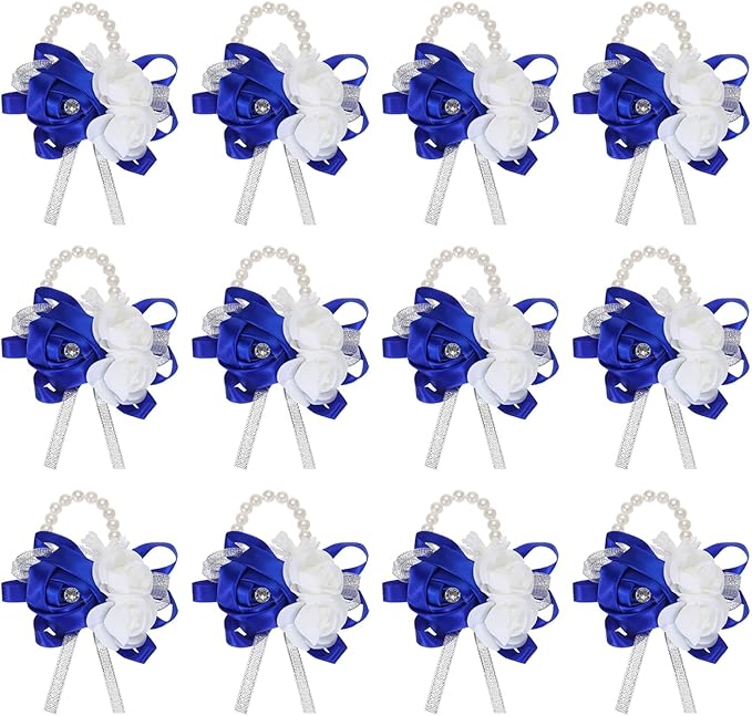MECCANIXITY 12Pcs Wrist Corsage Artificial Flower Bracelets Rose Wrist Bride Groom Decorative for Wedding Ceremony Prom Party Anniversary Dark Blue