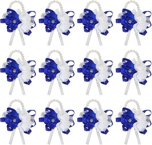 MECCANIXITY 12Pcs Wrist Corsage Artificial Flower Bracelets Rose Wrist Bride Groom Decorative for Wedding Ceremony Prom Party Anniversary Dark Blue