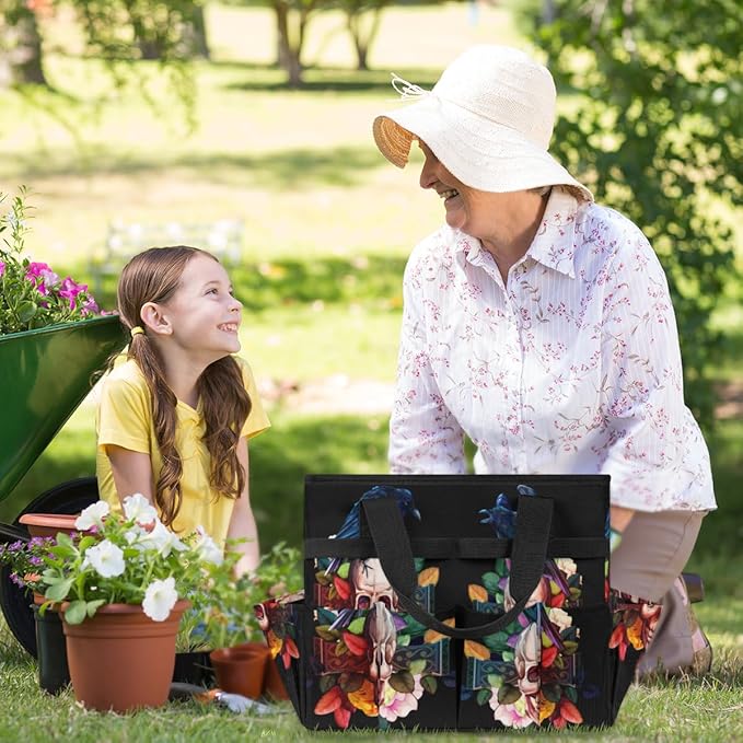 Garden Tool Tote Bag for Women Men Raven Skull Rose Gardening Tool Storage Bags with 10 Pockets Standable Garden Home Tool Kits Organizer for Indoor Outdoor Gardening Gifts