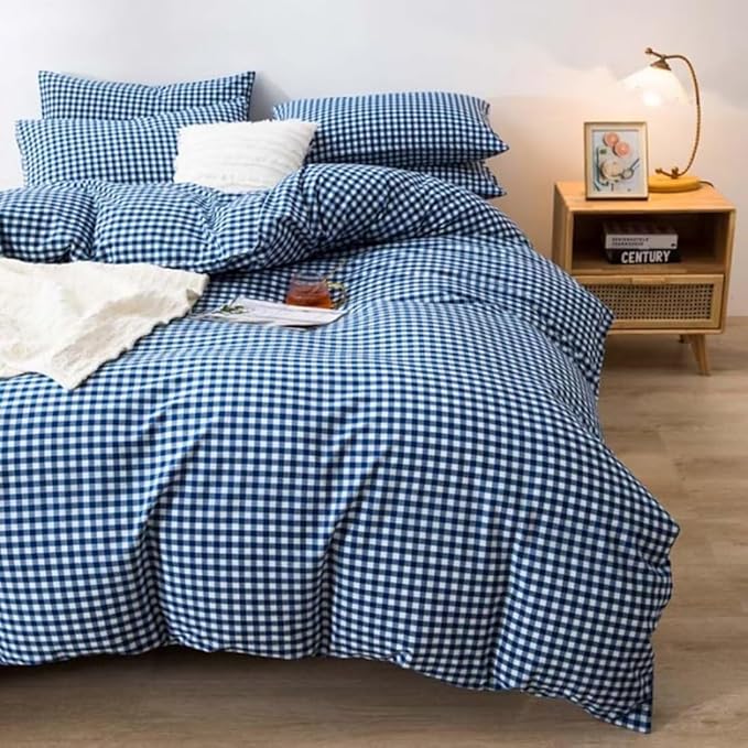LifeTB Queen Comforter Set Royal Blue Gingham Bedding Comforter Modern Style Blue Grid Plaid Comforter Set 3 Pieces Fluffy Checkered Comforter with 2 Pillowcases Breathable Gingham Bedding Set
