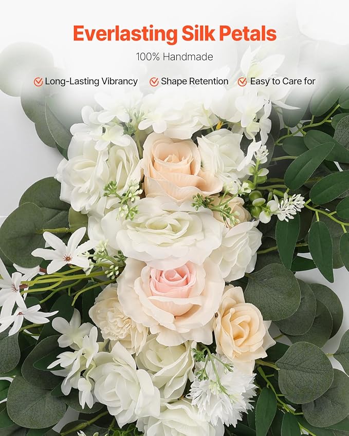 VEVOR Artificial Wedding Arch Flowers Kit, White Wedding Arch Flowers with Drapes Kit (Pack of 4) - 2 Pcs Floral Arrangement, 2 Pcs Sheer Drapes, for Ceremony Bouquets Reception Backdrop Decoration