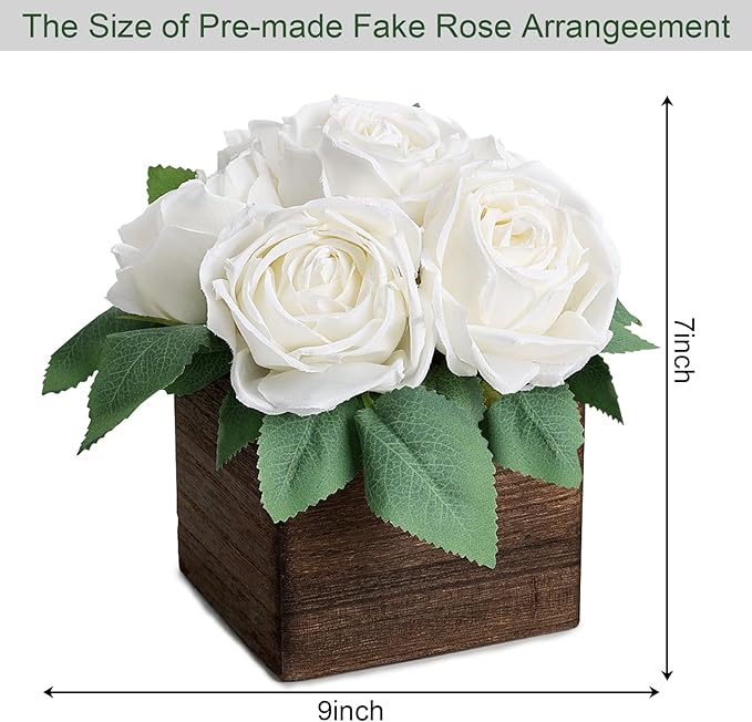 Dining Table Centerpiece Set of 6 - Pre-Made Aritifial Rose with Wooden Vase Fake Floral Arrangment Faux Flower for Wedding Bridal Tea Party Event Decorations - White
