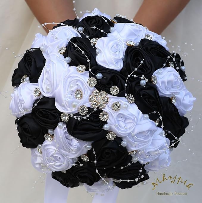 Bridal Wedding Bouquet Round Bling Brooch Bouquet Throw Toss Artificial Rose Flower Bunch for Bride Bridesmaid Wedding Quinceanera(White & Black, 6.3")