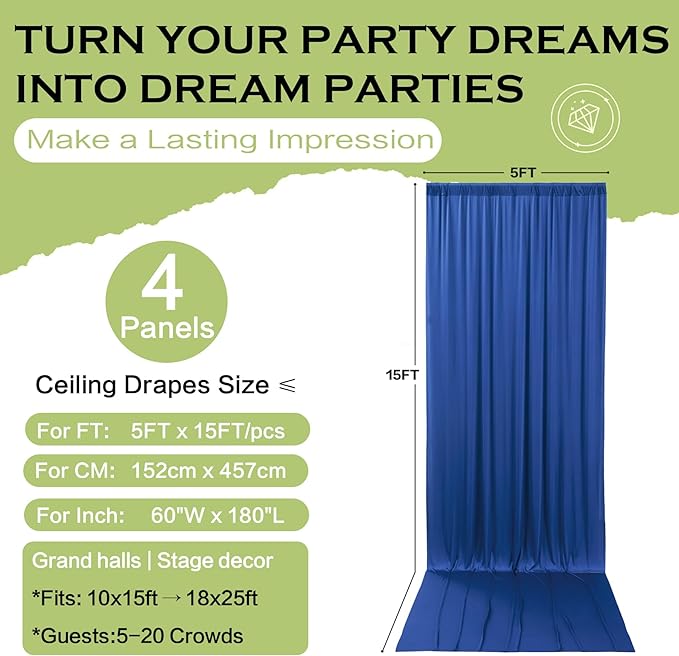 PartyVillage 20ft×15ft Royal Blue Backdrop Curtain for Wedding Parties, 4 Panels Wrinkle Free 15 FT Long Polyester Photo Backdrop Drapes Back Drop Cloth for Birthday Photography Background