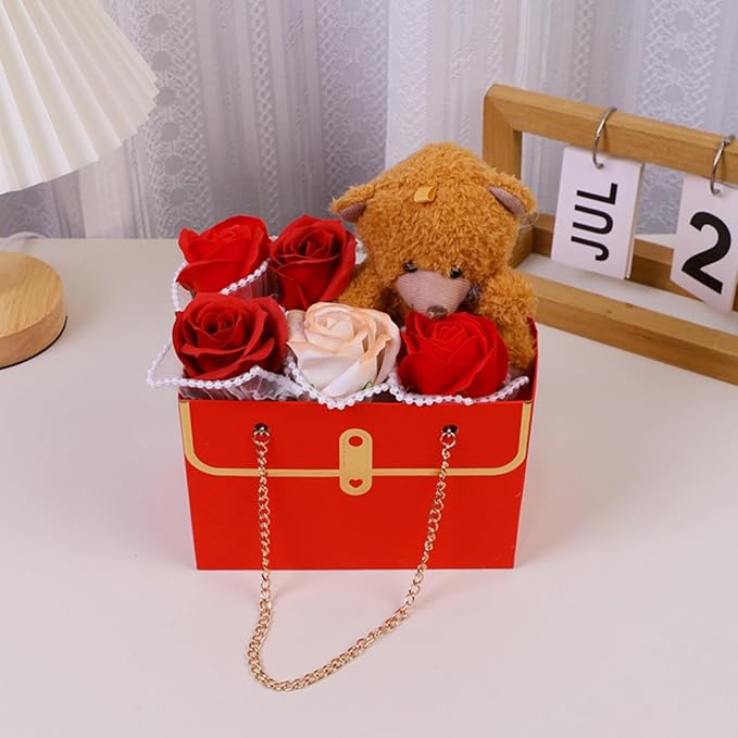 LONG XIN SERIES 12pcs Red Paper Flower Bags with Gold Metal Chain Reusable Craft Paper Gift Boxe Portable Flower Rectangular Gift Bags Party Favor for Gift Package (Red)