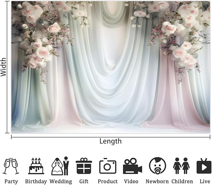 Leowefowa Floral Backdrop for Wedding Decor Pink Rose Flower White Curtain Wall Photography Background for Baby Shower Wedding Anniversary Ceremony Party Decorations Banner Studio Props 15x10ft Vinyl