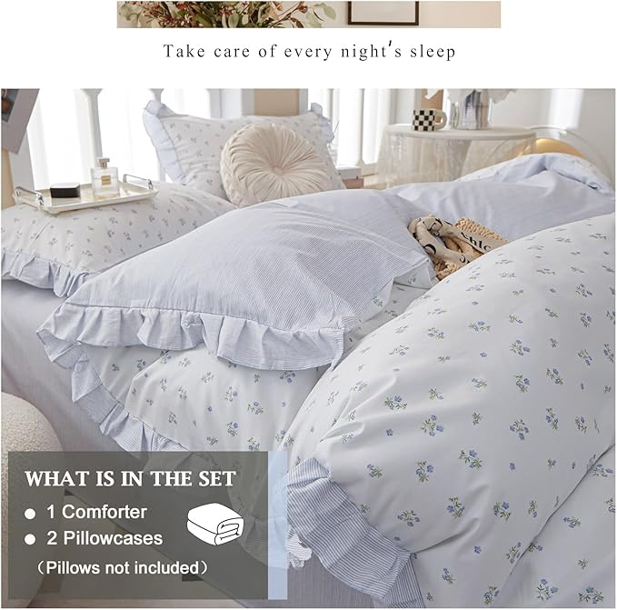 VM VOUGEMARKET Blue Floral Printed Comforter Set with Ruffle,Lightweight Reversible Romantic Girls Flower Bedding Comforter for Spring -Full Size,80"x90"