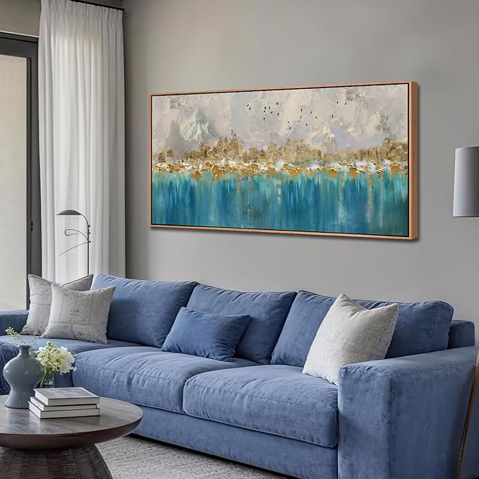 Arjun Framed Abstract Wall Art for Living Room Gold Blue Textured Canvas Art Wall Decor Bedroom Painting, Modern Picture Grey Mountain Artwork Home Office Wall Decoration, Large 40"x20"