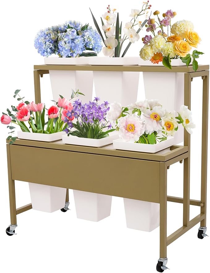 2-Layers Flower Display Stand Metal Flower Display Stand With 6 Pcs Buckets Rolling Plant Stand Flower Cart Moving Florist Bouquet Shelf for Fresh Flower Shop Balcony,Load Capacity 33.07lbs (Gold)