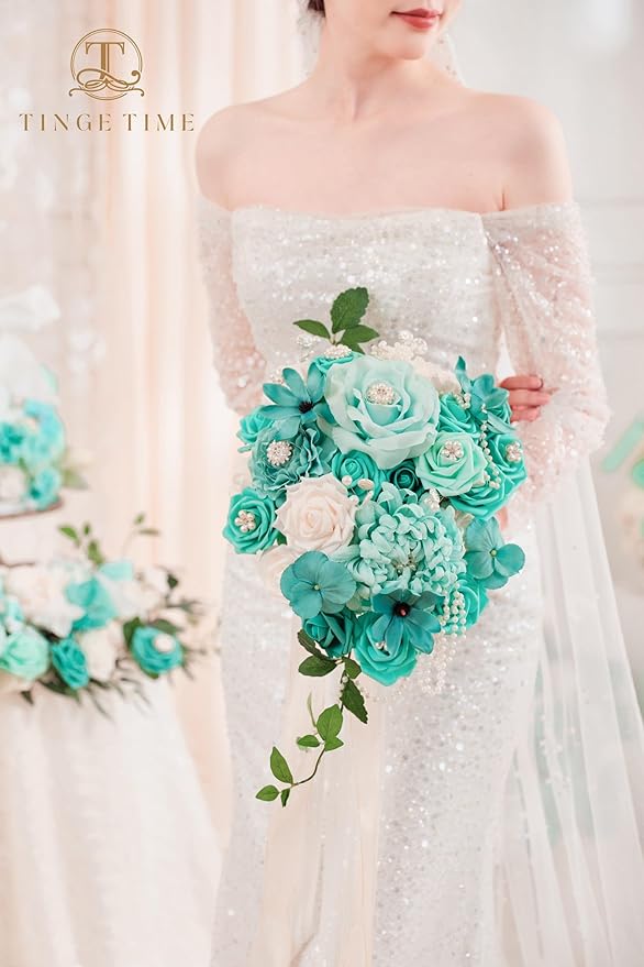 TINGE TIME 11 Inch Wedding Bouquets for Bride, Teal Green & Champagne Artificial Flowers Bouquet, Brides & Bridesmaids Bouquet for Wedding Anniversary Ceremony Bridal Shower Decorations