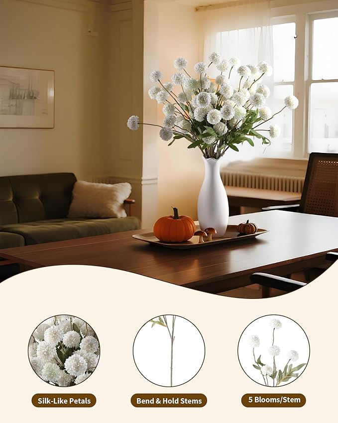 JAKY-Global 10 Stems Fall Artificial Chrysanthemum Flowers,21in Realistic Silk Pompon Fake Mums for Boho Home Decor, Halloween Centerpieces, Autumn Wedding Arrangements