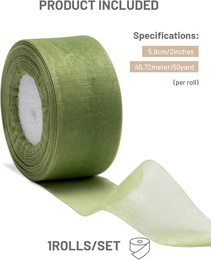 Sage Green Organza Ribbon for Gift Wrapping, FAKILO 2 Inch Shimmer Sheer Wrapping Ribbon for Bouquet, Wedding, Christmas Gift - 50 Yards Each Roll
