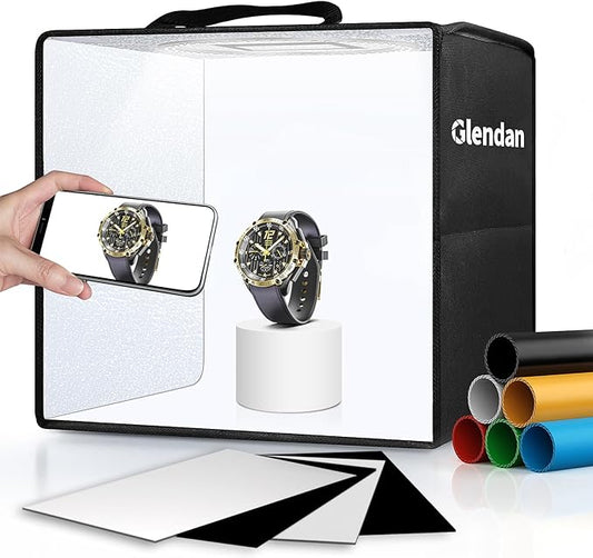 Glendan Light Box Photography, 10"x10" Photo Box with 88 High Color Rendering Index LED Lights, 6 Color PVC Backdrops, 4 Reflection Boards and 1 Diffuser for Jewelry and Small Item Product Photography