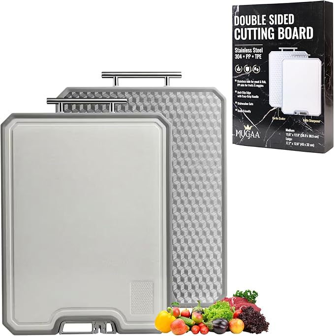 Stainless Steel Cutting Board Set, Double-Sided 304 Stainless Steel & PP, Built-In Knife Sharpener, Non-Slip Juice Groove, Dishwasher Safe Steel Cutting Boards For Kitchen, Medium & Large