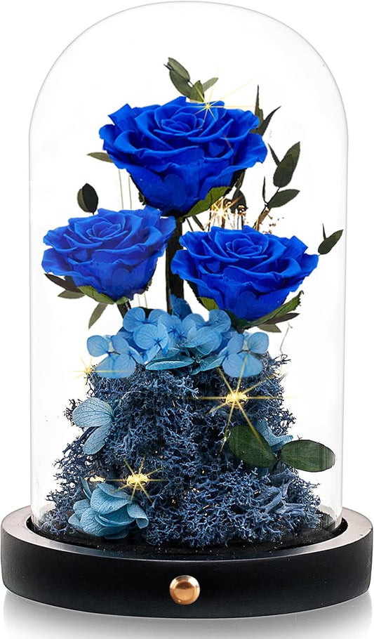 Christmas Flowers Roses Gifts for Mom,Forever Real Preserved Roses in Glass Dome,Christmas Anniversary Thanksgiving Gifts for Wife Girlfriend Women Best Friend Grandma/Blue Rose