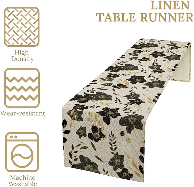 Black Gold Floral Table Runner, Mordern Minimalist Luxury Golden Floral Leaves Print Table Runner for Indoor Outdoor Home Decor Party Decor, 13x120inch