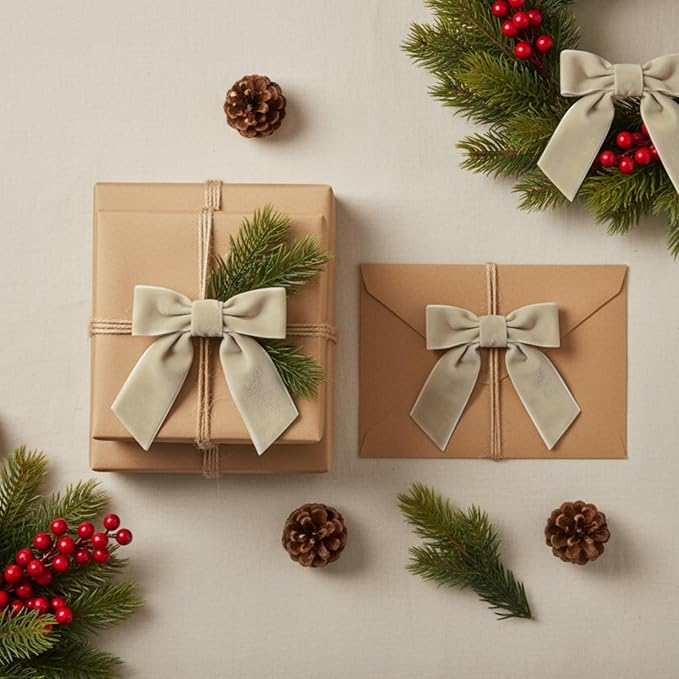 30 Pcs Velvet Ribbon Bows 5" x 4" Pre Tied Christmas Velvet Bows with Twist Tie for Gift Packaging Christmas Tree Wreaths Door Windows Wedding Party Decoration(Champagne)