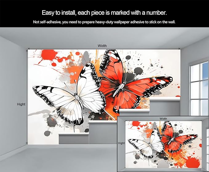 Modern Watercolor Butterfly Wall Mural, Abstract Butterfly 3D Wall Murals, Ink Painting Wallpaper Mural, for Living Room Bedroom Large Wallpaper Indoor Decor 78.7" W x55.1 H
