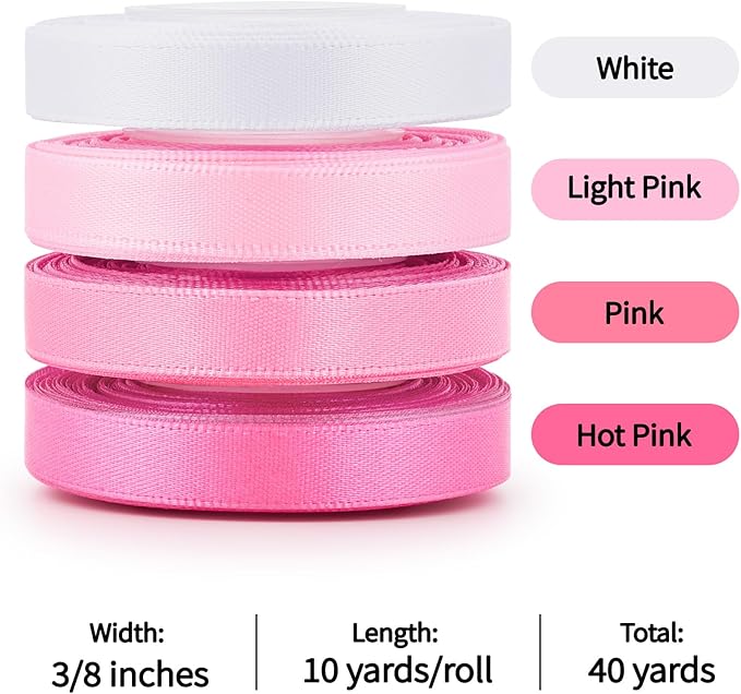 3/8 Inch Pink Satin Ribbon, 4 Rolls Total 40 Yards, Double Faced Mixed Pink Thin Ribbon for Gift Wrapping, Flower Bouquets, Crafts, Wedding Christmas Decorations