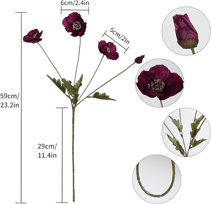 IPOPU Burgundy Silk Flowers 6PCS Fake Poppies Artificial Flowers for Veterans Day Floral Centerpieces, Tables, Wedding Decorations, Reception
