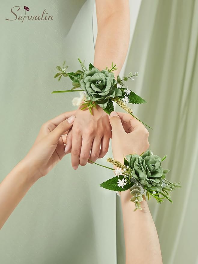 Serwalin Set of 2 Wrist Corsage for Wedding, 6-7inch Corsages Wristlet for Bridesmaid Mother Grandmother, Artificial Flowers for Prom Ceremony Anniversary, Green